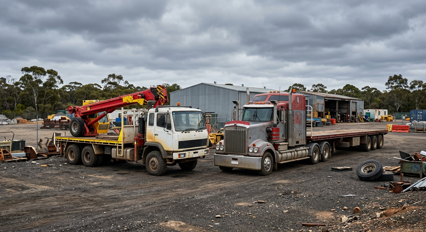 Truck-mounted crane and heavy transport truck parked in a yard